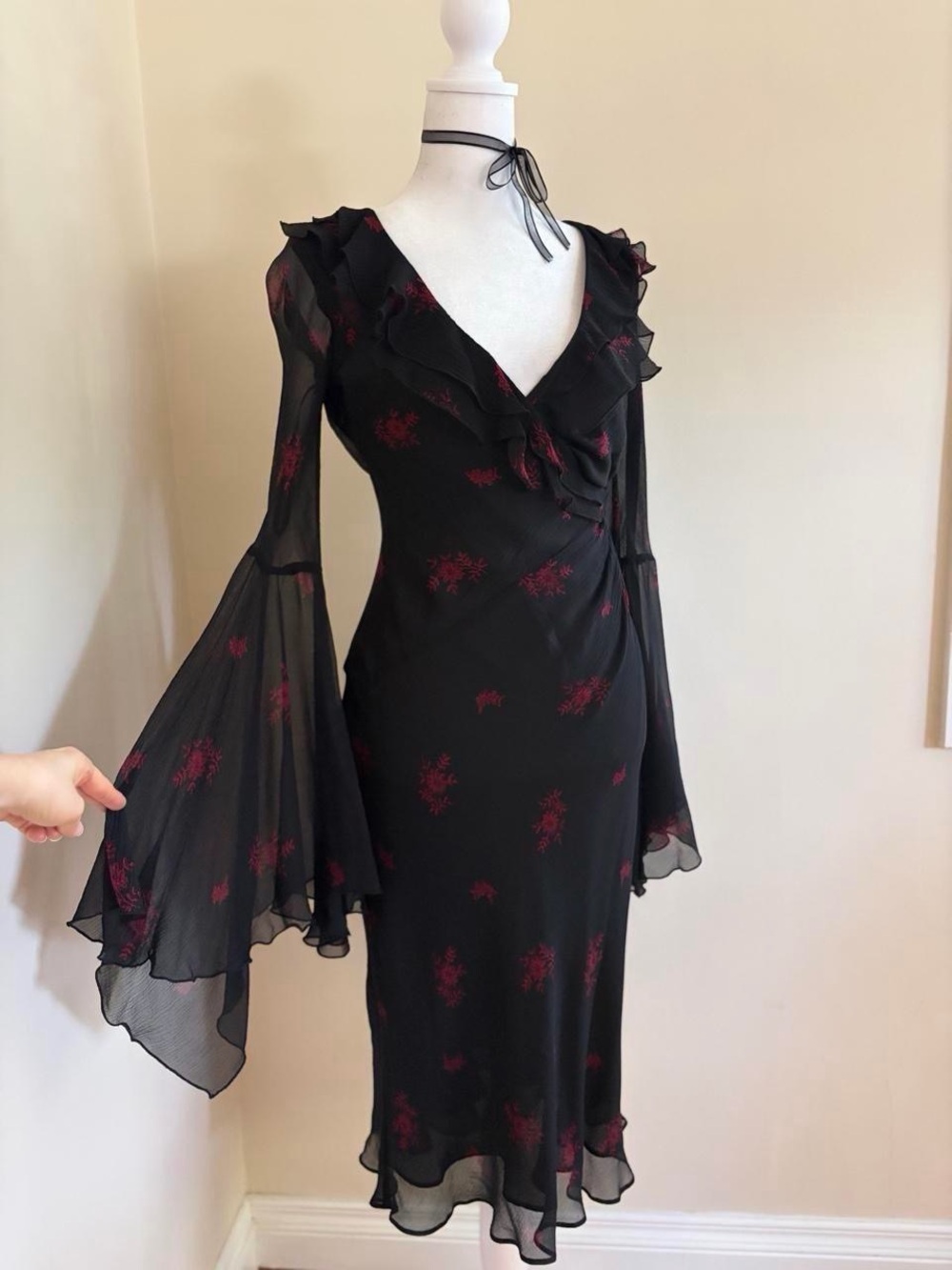 Vintage Y2K silk black ruffle goth bias cut floral dress LIKE Betsey Johnson S